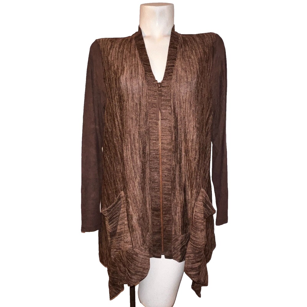 LOGO Lori Goldstein Womens Brown Mixed Media Zip Front Sharkbite Cardigan Size M